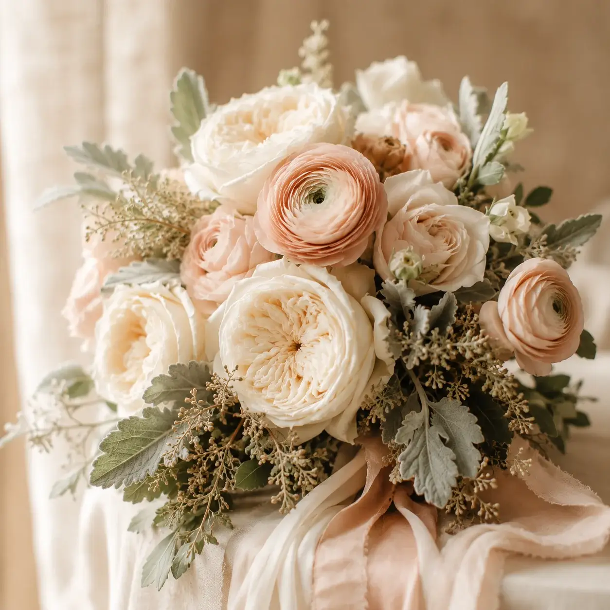 Luxury bridal bouquet with ivory roses and blush ranunculus — Karen's Wedding Expression