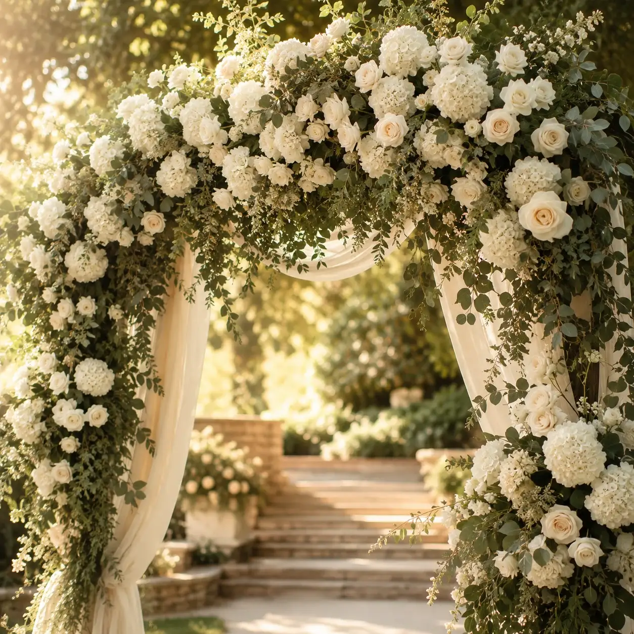 Luxury wedding ceremony arch with ivory roses and eucalyptus — Karen's Wedding Expression Chicagoland