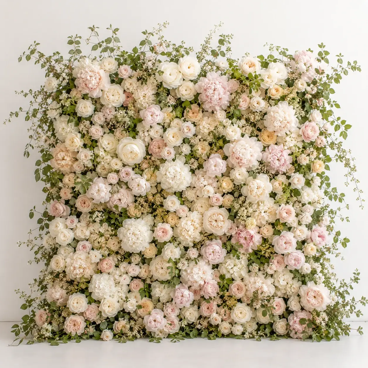 Custom floral wall backdrop with ivory garden roses and blush peonies — Karen's Wedding Expression