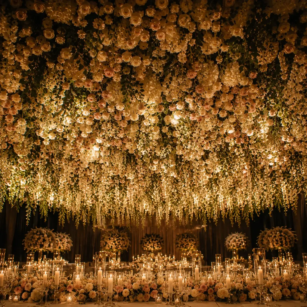 Suspended floral ceiling installation with ivory and blush roses — Karen's Wedding Expression Chicagoland