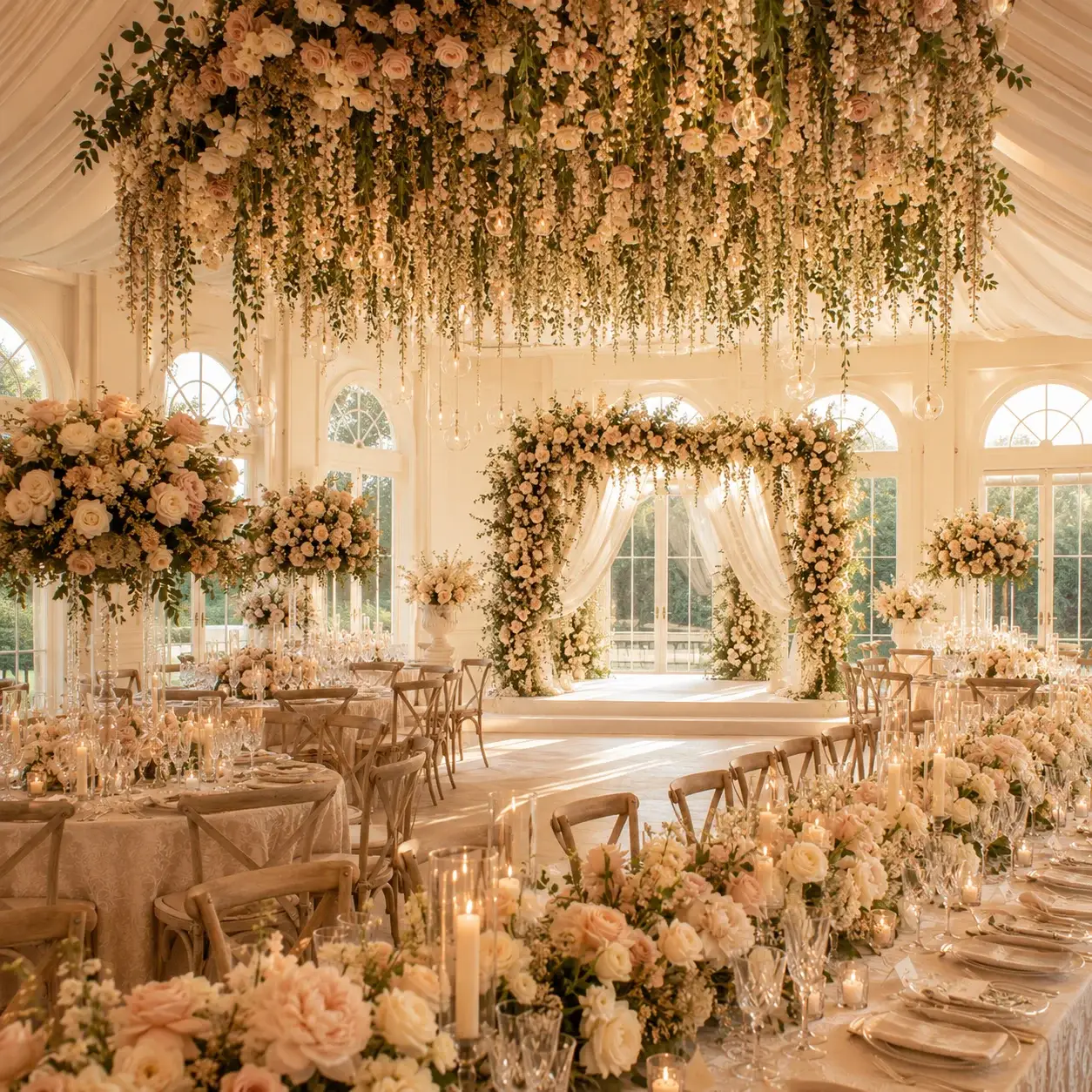 Fully styled luxury wedding venue with ceremony arch and floral installations — Karen's Wedding Expression Chicagoland