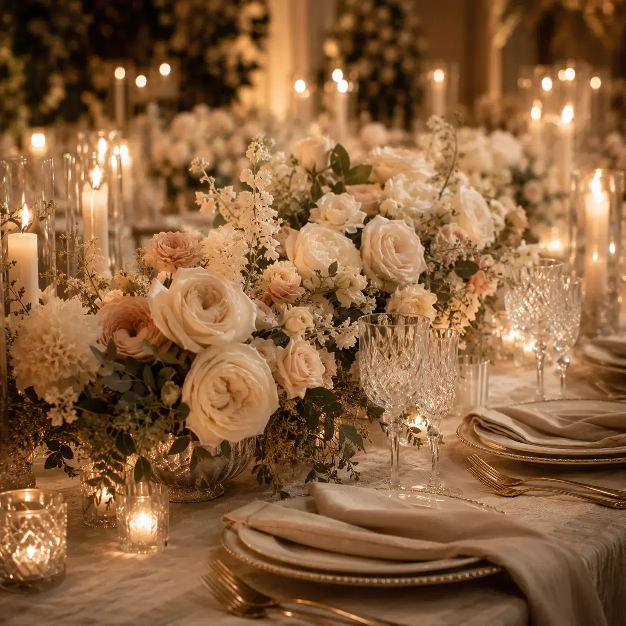 Luxury wedding reception tablescape with floral centerpieces and candlelight — Karen's Wedding Expression